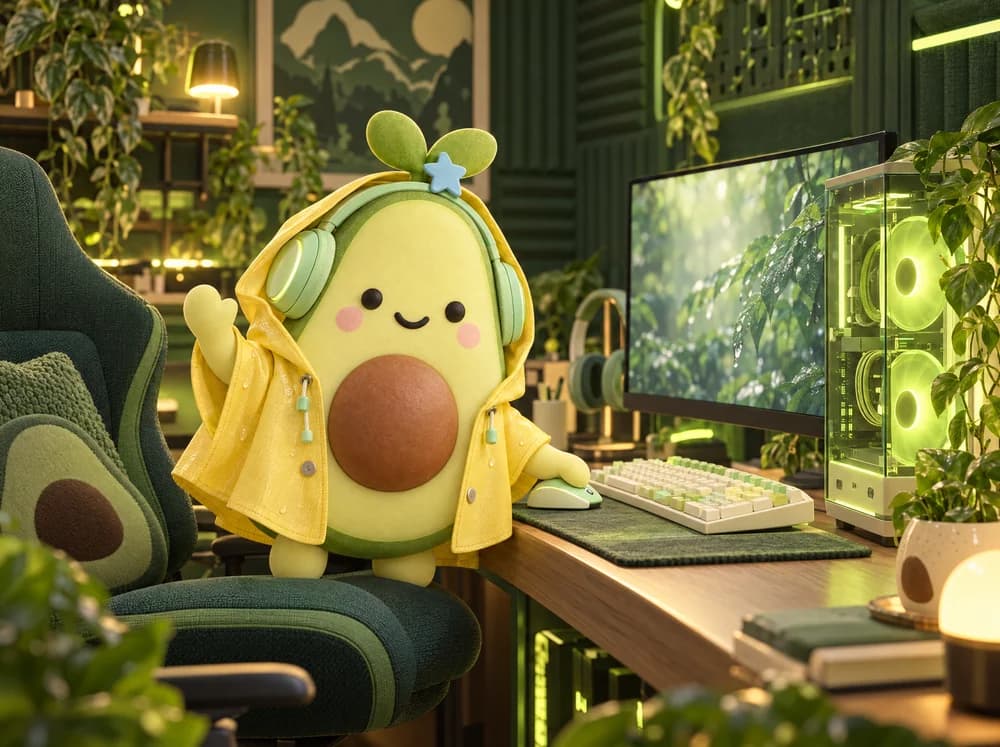 A friendly Avo in a yellow poncho welcoming you to its PC setup