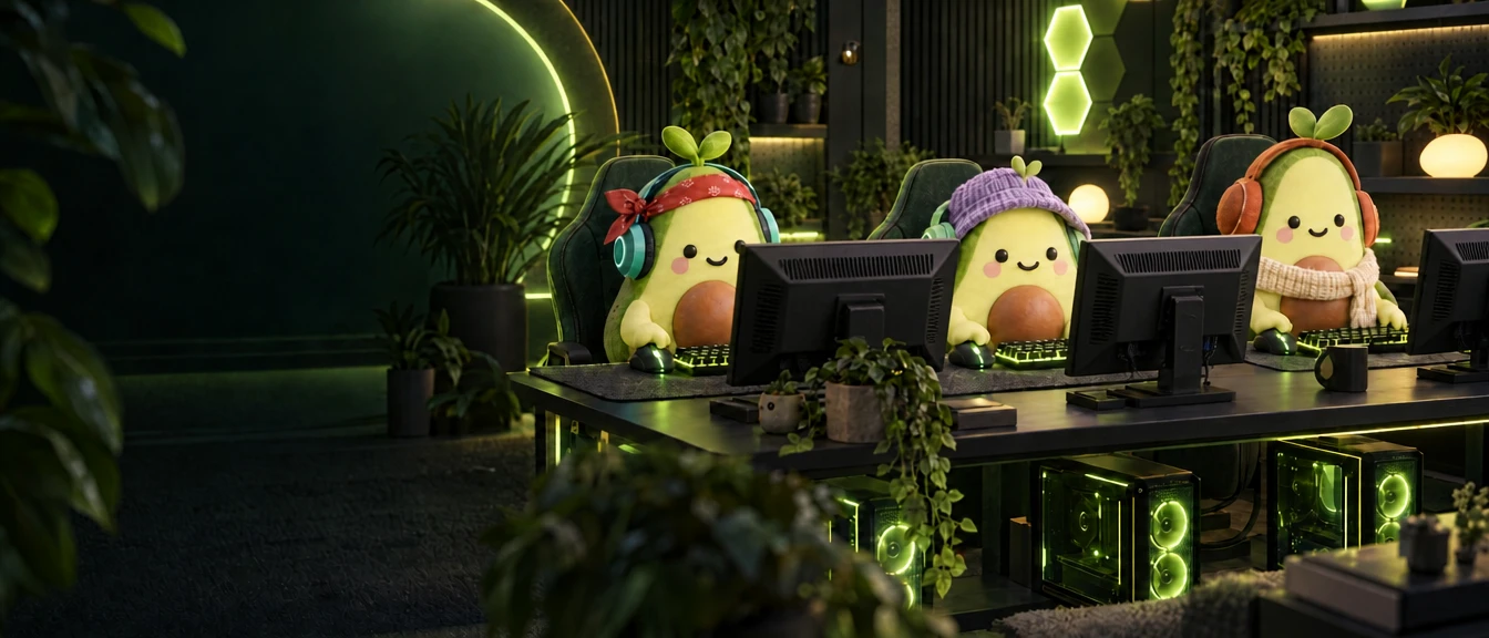 Three smiling Avos gaming together, with the backs of their monitors facing us